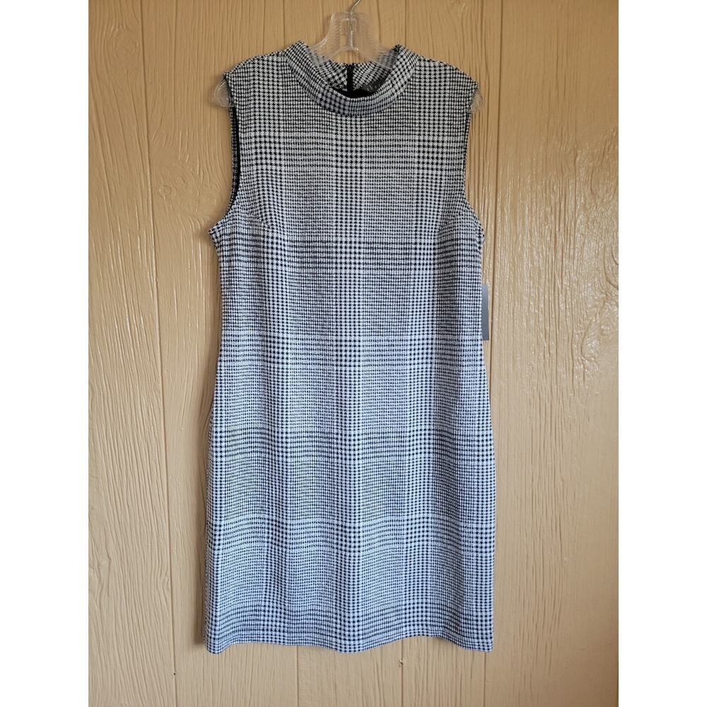 Sharagano Sleeveless Plaid Sheath Dress Black & White Knee Length Midi sz 14